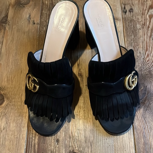 Gucci Black Suede GG Marmont Fringe Slide Sandals - Picture 13 of 13
